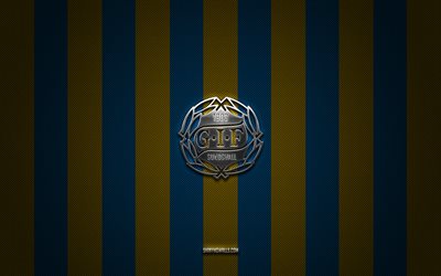 logotipo de gif sundsvall, club de fútbol sueco, allsvenskan, fondo de carbono amarillo azul, emblema de gif sundsvall, fútbol, gif sundsvall, suecia, logotipo de metal plateado gif sundsvall