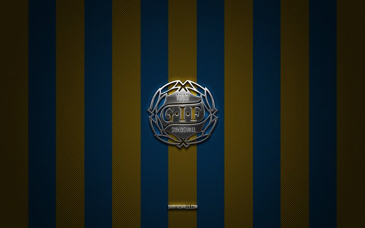 logo gif sundsvall, club de football suédois, allsvenskan, fond bleu carbone jaune, emblème gif sundsvall, football, gif sundsvall, suède, logo en métal argenté gif sundsvall