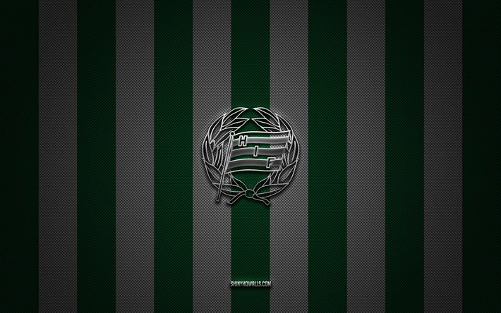 logotipo de hammarby if, club de fútbol sueco, allsvenskan, fondo de carbono blanco verde, emblema de hammarby if, fútbol, hammarby if, suecia, logotipo de metal plateado de hammarby if