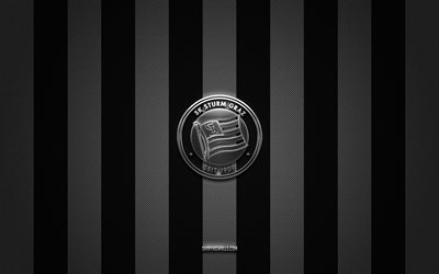 sturm graz-logo, österreichische fußballvereine, österreichische bundesliga, schwarz-weißer karbonhintergrund, sturm graz-emblem, fußball, sturm graz-silbermetall-logo, sturm graz fc