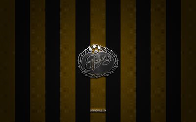 logotipo de if elfsborg, club de fútbol sueco, allsvenskan, fondo de carbono negro amarillo, emblema de if elfsborg, fútbol, if elfsborg, suecia, logotipo de metal plateado de if elfsborg