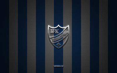 ifk norrköping logosu, isveç futbol kulübü, allsvenskan, mavi beyaz karbon arka plan, ifk norrköping amblemi, futbol, ifk norrköping, isveç, ifk norrköping gümüş metal logo