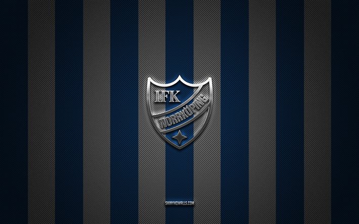 شعار ifk norrkoping, نادي كرة القدم السويدي, allsvenskan, خلفية الكربون الأبيض الأزرق, كرة القدم, ifk نوركوبينج, السويد, شعار ifk norrkoping المعدني الفضي