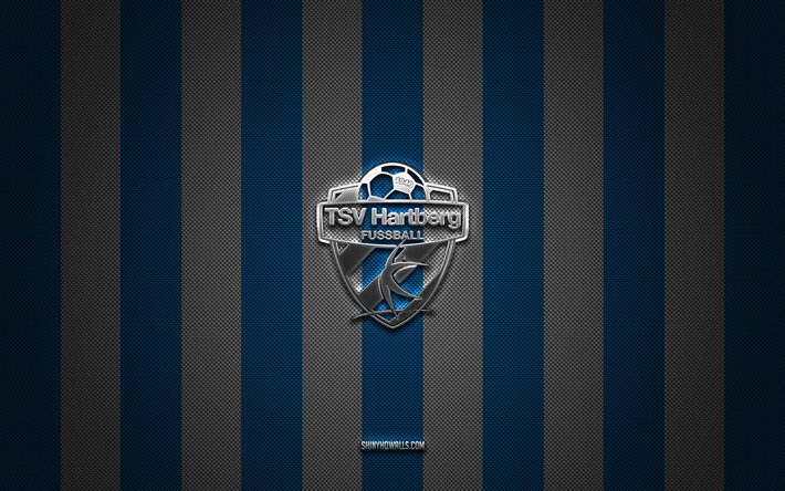 logotipo de tsv hartberg, clubes de fútbol austriacos, bundesliga austriaca, fondo de carbono blanco azul, emblema de tsv hartberg, fútbol, logotipo de metal plateado de tsv hartberg, tsv hartberg fc