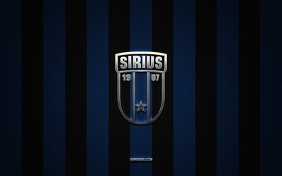 logo ik sirius, club de football suédois, allsvenskan, fond bleu carbone noir, emblème ik sirius, football, ik sirius, suède, logo en métal argenté ik sirius