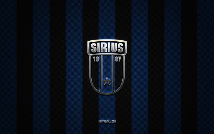 logotipo de ik sirius, club de fútbol sueco, allsvenskan, fondo de carbono negro azul, emblema de ik sirius, fútbol, ik sirius, suecia, logotipo de metal plateado de ik sirius