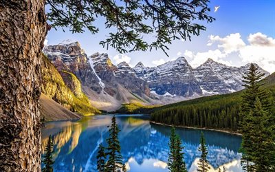 lago moraine, alberta, tarde, verano, monumentos canadienses, montañas, lagos azules, parque nacional banff, hdr, conceptos de viaje, canadá, banff