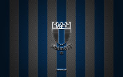 malmo ff logosu, isveç futbol kulübü, allsvenskan, mavi beyaz karbon arka plan, malmo ff amblemi, futbol, malmö ff, isveç, kalmar ff gümüş metal logo