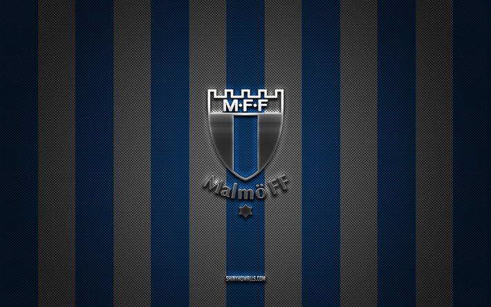 logotipo de malmo ff, club de fútbol sueco, allsvenskan, fondo de carbono blanco azul, emblema de malmo ff, fútbol, malmo ff, suecia, logotipo de metal plateado de kalmar ff
