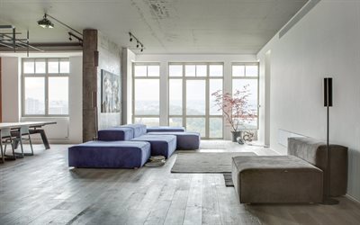 salon, design intérieur moderne, style loft, murs en béton gris, canapé bleu, style intérieur loft, idée de salon, appartement, design intérieur élégant