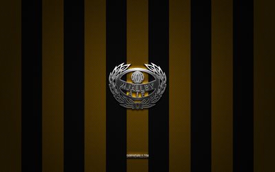 logo mjallby aif, club de football suédois, allsvenskan, fond carbone noir jaune, emblème mjallby aif, football, mjallby aif, suède, logo en métal argenté mjallby aif
