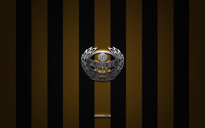 logotipo de mjallby aif, club de fútbol sueco, allsvenskan, fondo de carbono negro amarillo, emblema de mjallby aif, fútbol, mjallby aif, suecia, logotipo de metal plateado de mjallby aif