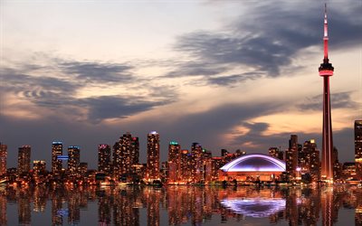 toronto, 4k, paisajes nocturnos, la torre cn, ciudades canadienses, paisajes urbanos, edificios modernos, canadá, panorama de toronto, paisaje urbano de toronto