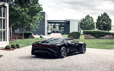 4k, Bugatti La Voiture Noire, back view, supercars, 2021 cars, hypercars, 2021 Bugatti La Voiture Noire, Black Bugatti La Voiture Noire, french cars, Bugatti