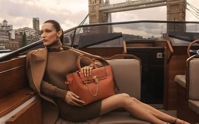 4k, Bella Hadid, American fashion model, brown jacket, photoshoot, Michael Kors, London, Tower Bridge, American star
