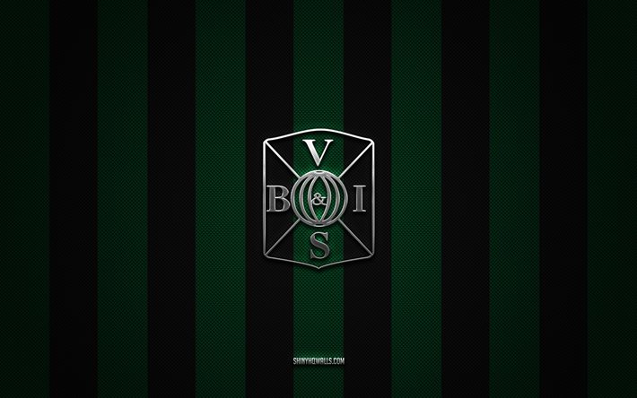 logo varbergs bois, club de football suédois, allsvenskan, fond carbone noir vert, emblème varbergs bois, football, varbergs bois, suède, logo en métal argenté varbergs bois