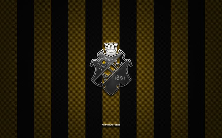 AIK logo, Swedish football club, Allsvenskan, yellow black carbon background, AIK emblem, football, AIK, Sweden, AIK silver metal logo, AIK Fotboll