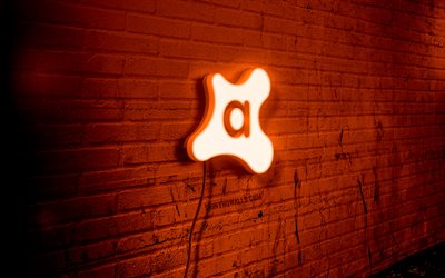 avast neon logo, 4k, turuncu brickwall, grunge sanat, yaratıcı, tel üzerinde logo, avast turuncu logo, antivirüsler, avast logo, resimler, avast