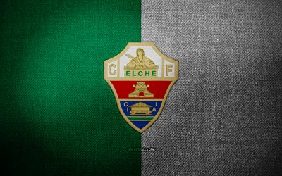 distintivo elche cf, 4k, sfondo tessuto bianco verde, laliga, logo elche cf, emblema elche cf, logo sportivo, bandiera elche cf, squadra di calcio spagnola, elche cf, calcio, elche fc
