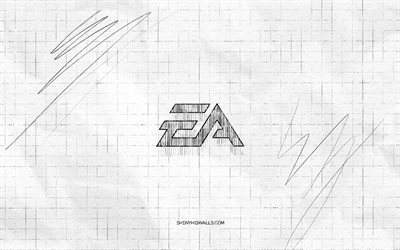 EA Games sketch logo, 4K, checkered paper background, EA Games black logo, brands, logo sketches, EA Games logo, pencil drawing, EA Games