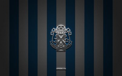 júbilo iwata logotipo, japonês futebol clube, j1 league, azul branco de carbono de fundo, jubilo iwata emblema, futebol, júbilo iwata, japão, júbilo iwata prata logotipo do metal