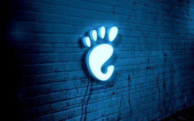 gnome-neon-logo, 4k, blaue brickwall, grunge-kunst, linux, kreativ, logo auf draht, gnome-blau-logo, gnome-logo, gnome-linux, grafik, gnome