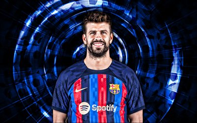 Gerard Pique, 4k, FC Barcelona, blue abstract background, soccer, spanish footballers, LaLiga, Gerard Pique 4K, Barca, abstract rays, football, Gerard Pique Barcelona, FCB