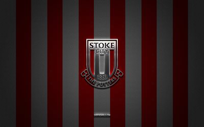 stoke city fc-logo, englischer fußballverein, efl-meisterschaft, rot-weißer kohlenstoffhintergrund, stoke city fc-emblem, fußball, stoke city fc, england, stoke city fc-silbermetalllogo
