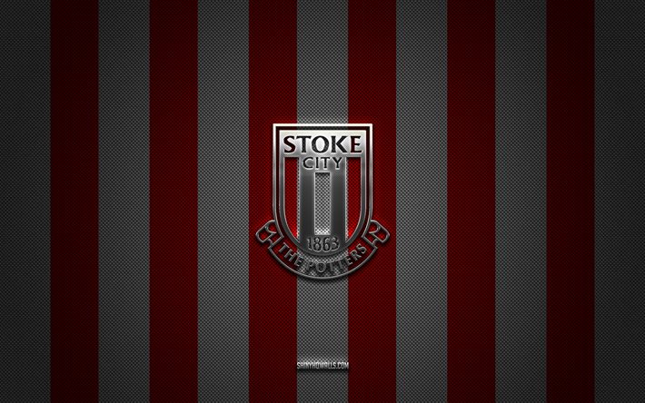 logo stoke city fc, squadra di calcio inglese, campionato efl, sfondo rosso bianco carbone, emblema stoke city fc, calcio, stoke city fc, inghilterra, logo in metallo argento stoke city fc