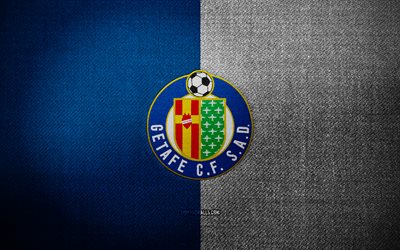 Getafe CF badge, 4k, blue white fabric background, LaLiga, Getafe CF logo, Getafe CF emblem, sports logo, Getafe CF flag, spanish football club, Getafe CF, soccer, football, Getafe FC
