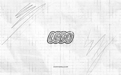 lego eskiz logosu, 4k, kareli kağıt arka plan, lego siyah logosu, markalar, logo çizimleri, lego logosu, karakalem, lego