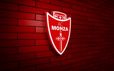 acモンツァの3dロゴ, 4k, 赤レンガの壁, セリエa, サッカー, イタリアのサッカー クラブ, acモンツァのロゴ, acモンツァのエンブレム, フットボール, acモンツァ, スポーツのロゴ, モンツァfc