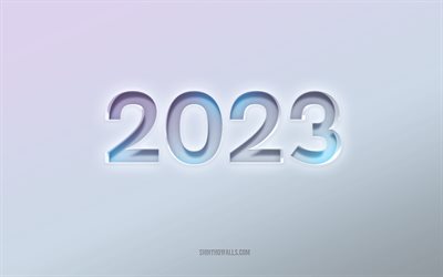 4k, 2023 conceptos, fondo blanco, 2023 feliz año nuevo, fondo blanco 2023, letras en relieve, feliz año nuevo 2023, arte 3d, 2023 fondo