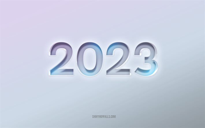 4k, 2023 concepts, white background, 2023 Happy New Year, white 2023 background, embossed letters, Happy New Year 2023, 3d art, 2023 background
