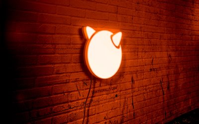 logo al neon di freebsd, 4k, muro di mattoni arancione, grunge art, creativo, logo su filo, logo arancione di freebsd, sistemi operativi, logo di freebsd, artwork, freebsd