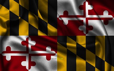 Maryland flag, 4K, american states, satin flags, flag of Maryland, Day of Maryland, wavy satin flags, State of Maryland, US States, USA, Maryland