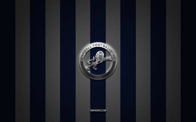 Millwall FC logo, English football club, EFL Championship, blue white carbon background, Millwall FC emblem, football, Millwall FC, England, Millwall FC silver metal logo