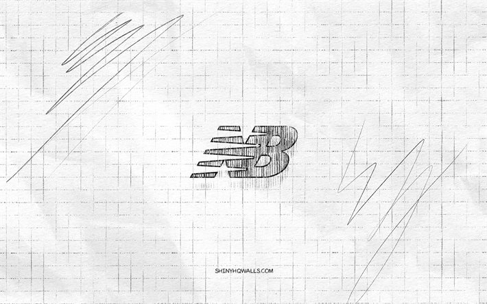 New Balance sketch logo, 4K, checkered paper background, New Balance black logo, fashion brands, logo sketches, New Balance logo, pencil drawing, New Balance