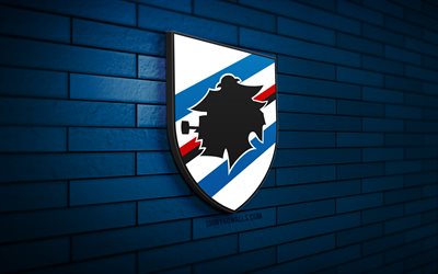 sampdoria fc logo 3d, 4k, muro di mattoni blu, serie a, calcio, squadra di calcio italiana, logo sampdoria fc, emblema sampdoria fc, samp, logo sportivo, sampdoria fc