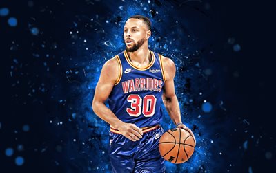 Stephen Curry, 4k, blue neon lights, Golden State Warriors, NBA, basketball, Stephen Curry 4K, blue abstract background, Stephen Curry Golden State Warriors