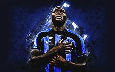 Romelu Lukaku, Inter Milan, Belgian football player, portrait, FC Internazionale, blue stone background, Italy, Serie A, football, Lukaku Inter