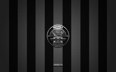 logotipo del swansea fc, club de fútbol inglés, campeonato efl, fondo de carbono blanco negro, emblema del swansea fc, fútbol, swansea fc, inglaterra, logotipo de metal plateado del swansea fc