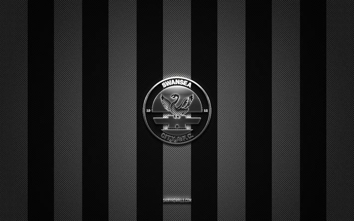 logo swansea fc, squadra di calcio inglese, campionato efl, sfondo nero carbone bianco, emblema swansea fc, calcio, swansea fc, inghilterra, logo in metallo argento swansea fc