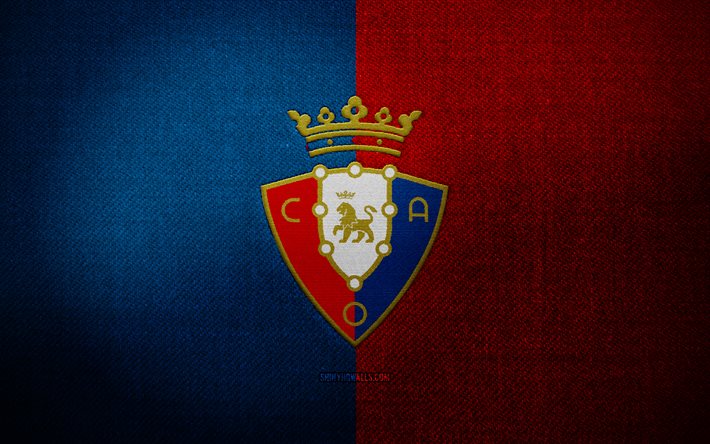 CA Osasuna badge, 4k, blue red fabric background, LaLiga, CA Osasuna logo, CA Osasuna emblem, sports logo, CA Osasunaflag, spanish football club, CA Osasuna, soccer, football, Osasuna FC