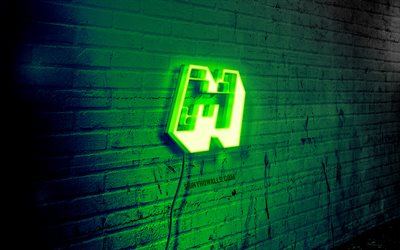 logotipo de neón de minecraft, 4k, pared de ladrillo verde, arte grunge, creativo, marcas de juegos, logotipo en el cable, logotipo verde de minecraft, logotipo de minecraft, obras de arte, minecraft