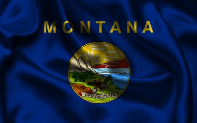 drapeau du montana, 4k, les états américains, les drapeaux de satin, le drapeau du montana, le jour du montana, les drapeaux ondulés de satin, l état du montana, les états-unis, le montana