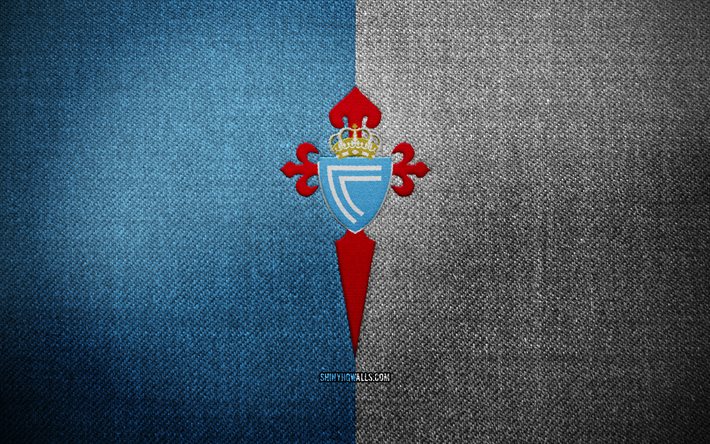 Celta Vigo badge, 4k, blue white fabric background, LaLiga, Celta Vigo logo, Celta Vigo emblem, sports logo, Celta Vigo flag, spanish football club, RC Celta, soccer, football, Celta Vigo FC