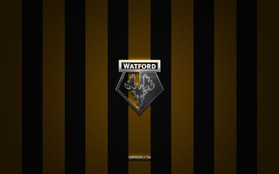logotipo de watford fc, club de fútbol inglés, campeonato efl, fondo de carbono negro amarillo, emblema de watford fc, fútbol, watford fc, inglaterra, logotipo de metal plateado de watford fc