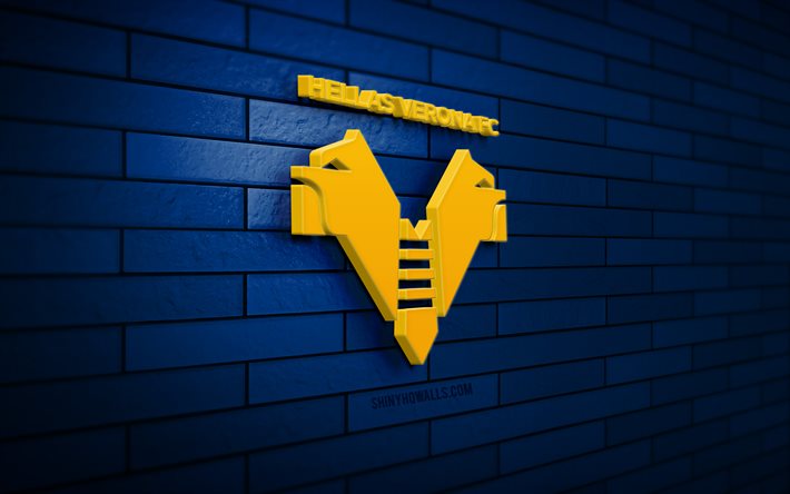 Hellas Verona 3D logo, 4K, blue brickwall, Serie A, soccer, italian football club, Hellas Verona logo, Hellas Verona emblem, football, Hellas Verona, sports logo, Hellas Verona FC