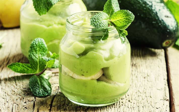 avokado smoothie, 4k, yeşil smoothie, sağlıklı gıda, avokado muz smoothie, sağlıklı içecekler, smoothies